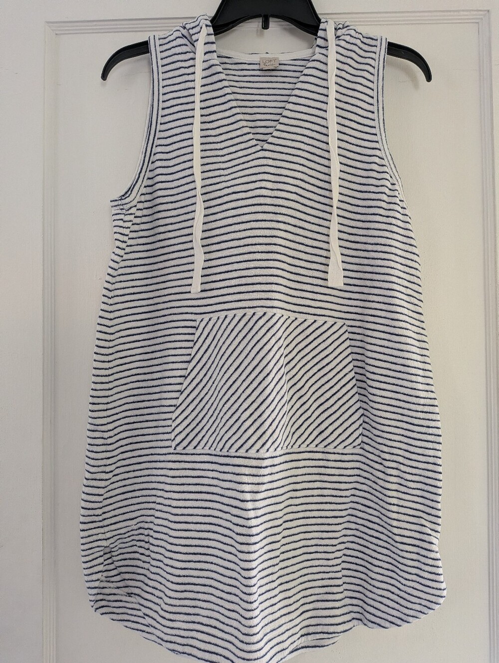 Women's Sleeveless Hooded White And Navy Striped Cover Up By LOFT Beach XS